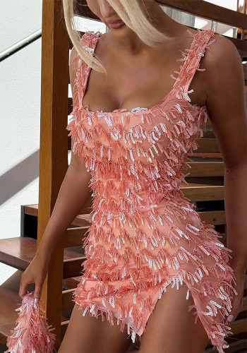 Strappy Slit Furry Slim Chic Bodycon Dress