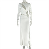 Chic Women's Fashion Cut-Out Slit Irregular Round Neck Solid Color Pleated Dress