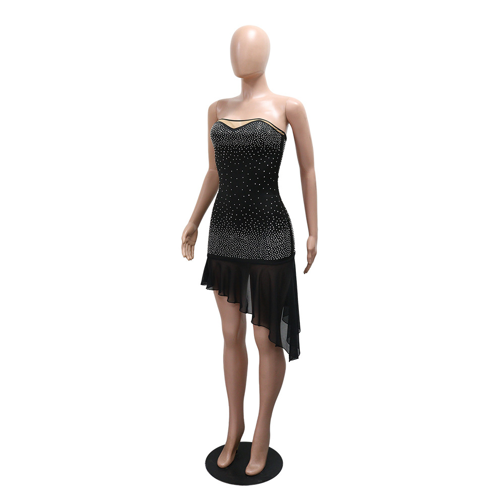 Strapless Irregular Mesh Patchwork Beaded Dress for Women