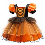 Girl's Halloween Party Witch Dress Orange Mesh Short-Sleeve Tutu Dress