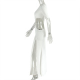 Chic Women's Fashion Cut-Out Slit Irregular Round Neck Solid Color Pleated Dress
