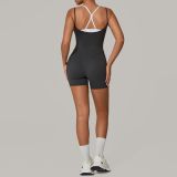 Fall Mesh Fake Two-Tone Color-Block Strappy Sport Jumpsuit One-Piece Yoga Suit Low Back Outdoor Fitness Romper