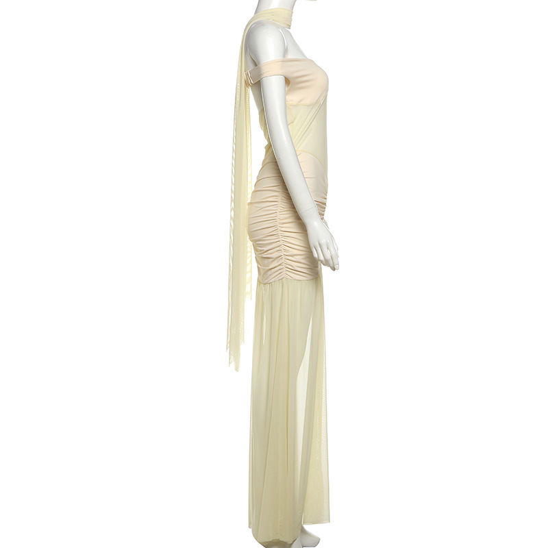 Fall Fashion Women's Low-Cut Off-Shoulder Sexy Slit Solid Color Dress