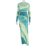 Career Women's Print Pleated Waist Tie Slim Fit Bodycon Round Neck Long-Sleeve Dress