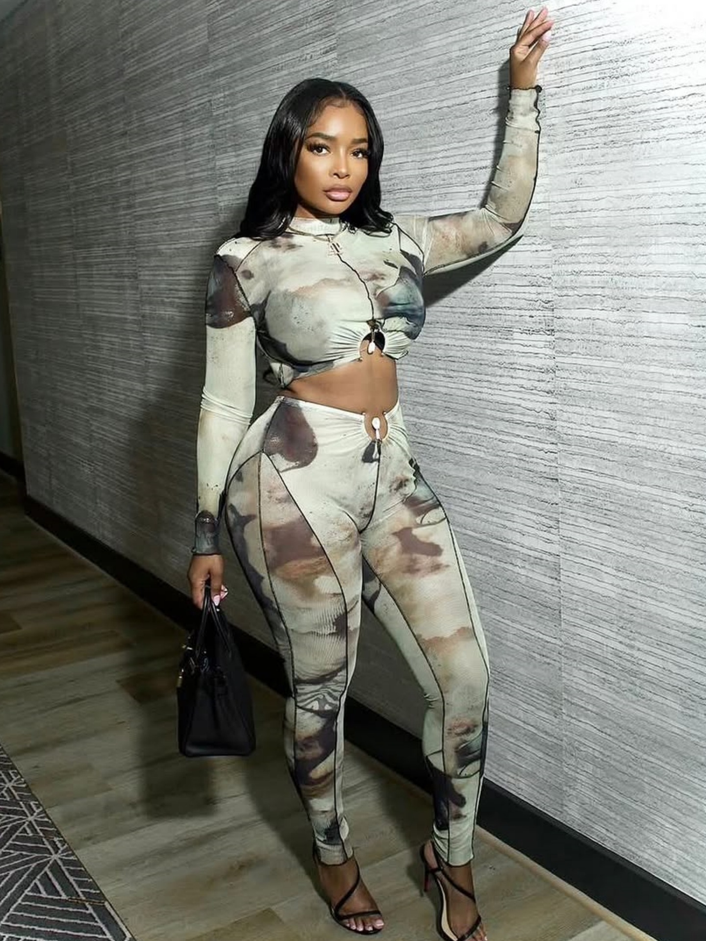 Women's Fall Sexy Round Neck Print Crop Top Tight Fitting Butt Lift Long Pants Set