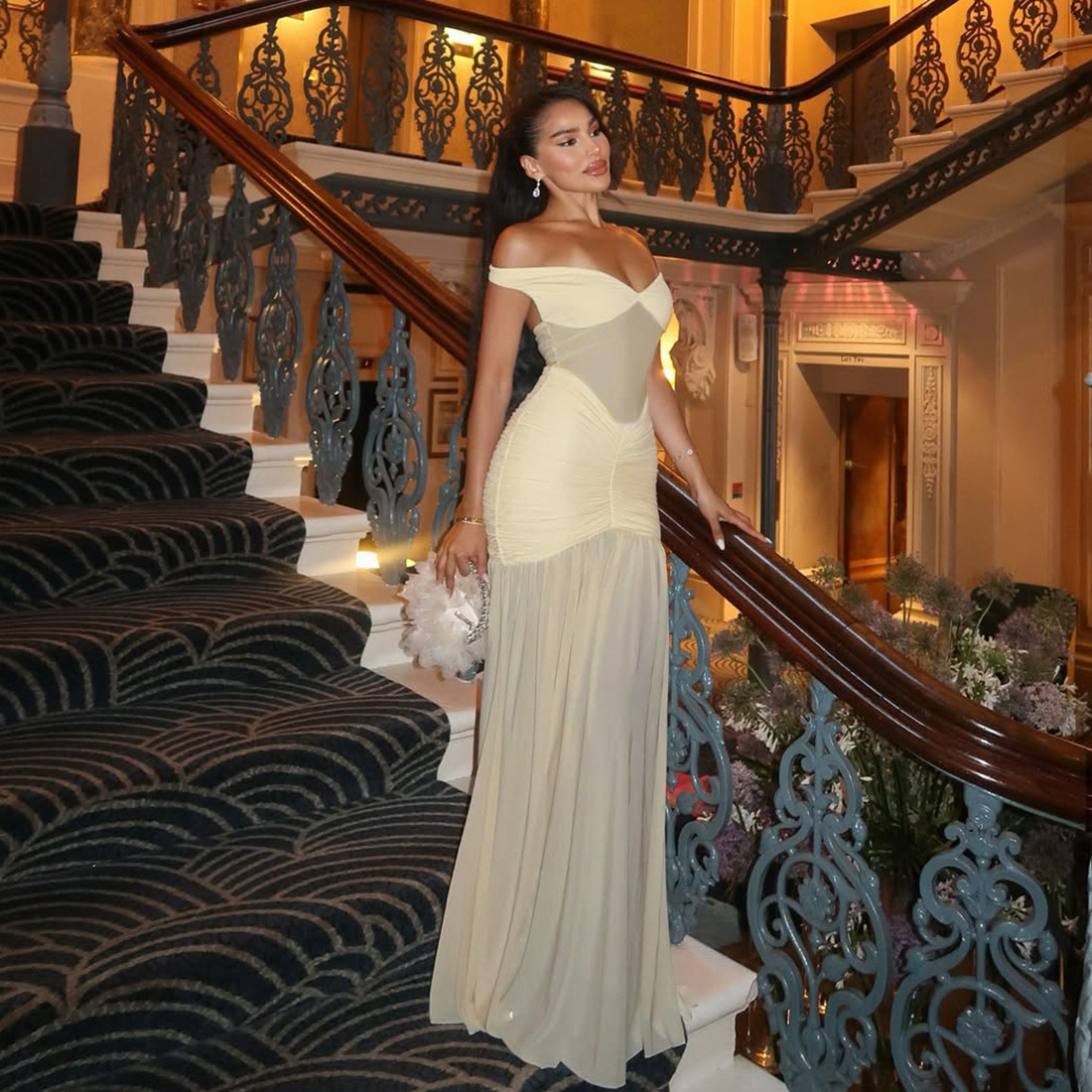 Fall Fashion Women's Low-Cut Off-Shoulder Sexy Slit Solid Color Dress