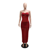 Strapless Milk Fiber Patchwork Mesh Beaded Party Bodycon Long Dress