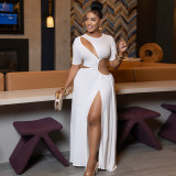 Chic Women's Fashion Cut-Out Slit Irregular Round Neck Solid Color Pleated Dress