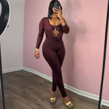 Summer Women's Fashion Sexy Draped Neck Slim Waist Bodycon Solid Color Jumpsuit