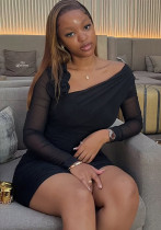 Solid Color Women's Slim Slash Shoulder Long-Sleeve Short Bodycon Dress