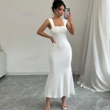 Striped Sexy Square Neck Strappy Low Back Long Dress