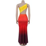 Fashion Women's Summer Sexy Slash Shoulder Bodycon Gradient Dress