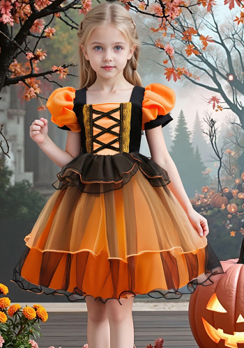 Girl's Halloween Party Witch Dress Orange Mesh Short-Sleeve Tutu Dress