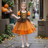 Girl's Halloween Party Witch Dress Orange Mesh Short-Sleeve Tutu Dress