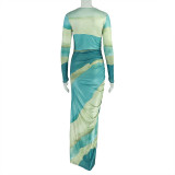 Career Women's Print Pleated Waist Tie Slim Fit Bodycon Round Neck Long-Sleeve Dress