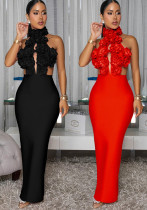Sexy Halter Neck Large Floral Evening Gown Dress for Women