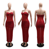 Strapless Milk Fiber Patchwork Mesh Beaded Party Bodycon Long Dress