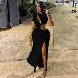 Chic Women's Fashion Cut-Out Slit Irregular Round Neck Solid Color Pleated Dress