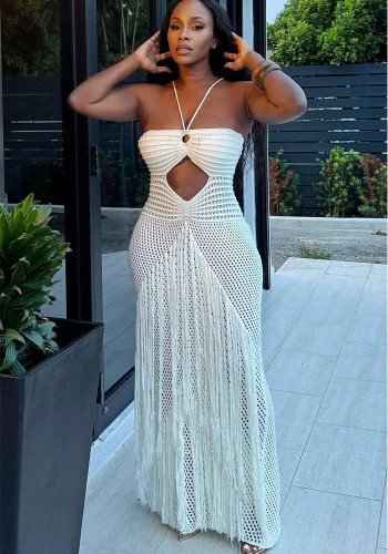 Sexy See-Through Cut-Out Knit Strapless Women's Long Dress