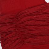Strapless Milk Fiber Patchwork Mesh Beaded Party Bodycon Long Dress
