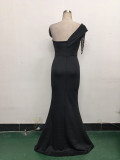 Women sexy and elegant evening beaded one-shoulder slit evening dress
