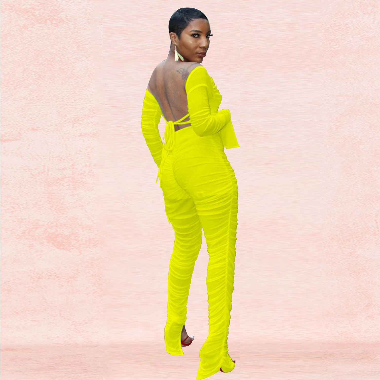 Women Sexy Solid Elastic Pleated Top and Pants Two-Piece Set