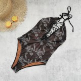Women Multi-Drawstring Lace-Up V-Neck Sexy Backless One-Piece Swimsuit Mesh Skirt Two-Piece Set