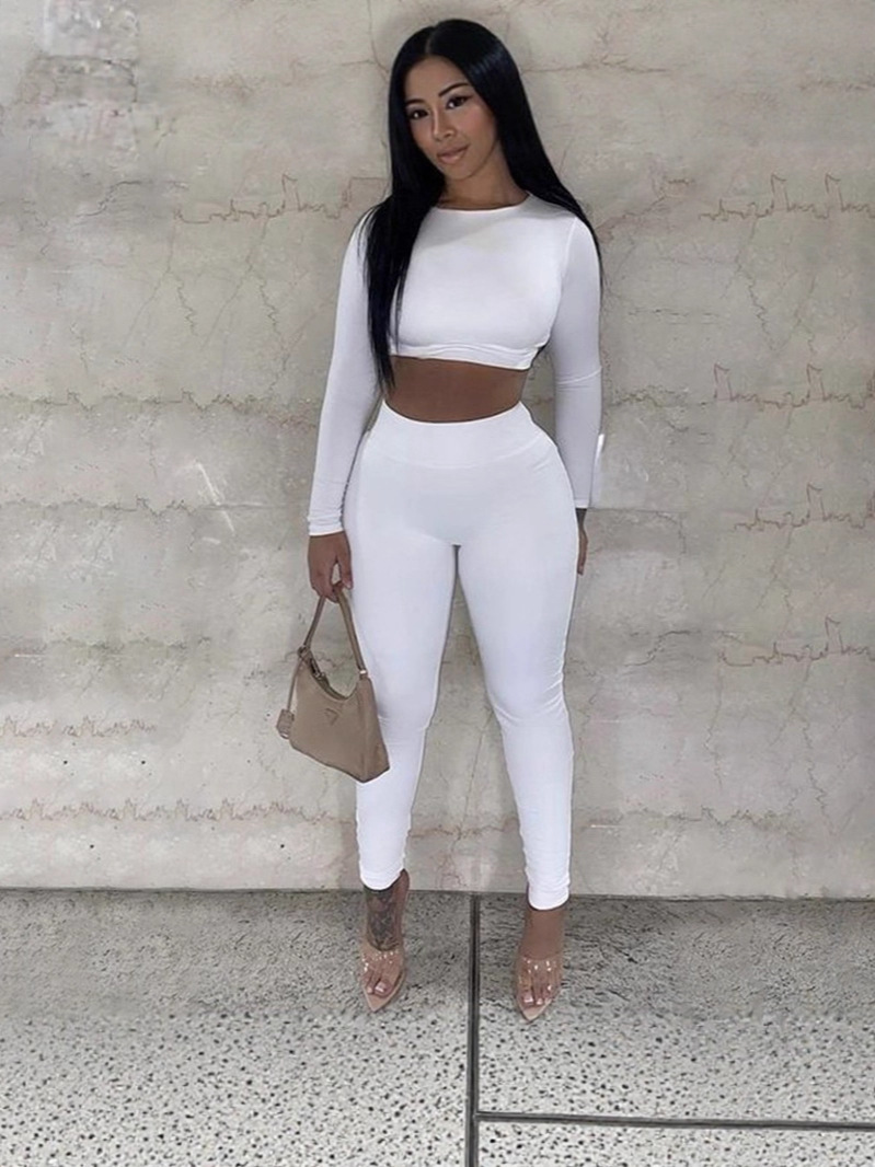 Women Fall Round Neck Long-Sleeved Top and Pants Two-Piece Set