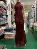 Deep V-Neck Sequined Fishtail Dress Sexy Evening Party Gown