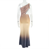 Women Ombre Slash Shoulder Sleeveless Lace-Up Dress