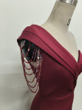Women sexy and elegant evening beaded one-shoulder slit evening dress