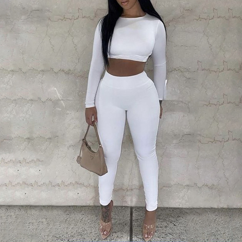 Women Fall Round Neck Long-Sleeved Top and Pants Two-Piece Set