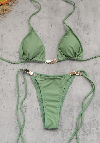 Women Solid Bikini with Sexy Backless Lace-Up Two-Piece Swimsuit