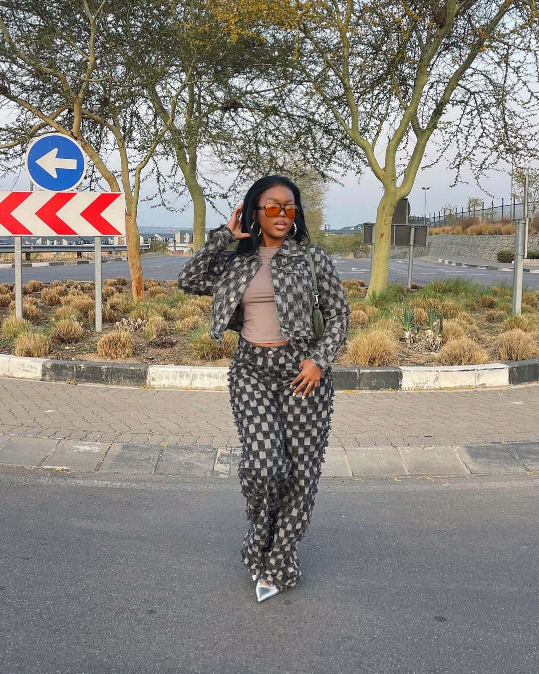 Women Winter Casual Jacquard Plaid Washed Denim Top and Pant Two-Piece Set