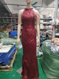 Deep V-Neck Sequined Fishtail Dress Sexy Evening Party Gown