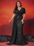 Plus Size Women Elegant Sequin Patchwork V Neck Short Sleeve Evening Dress