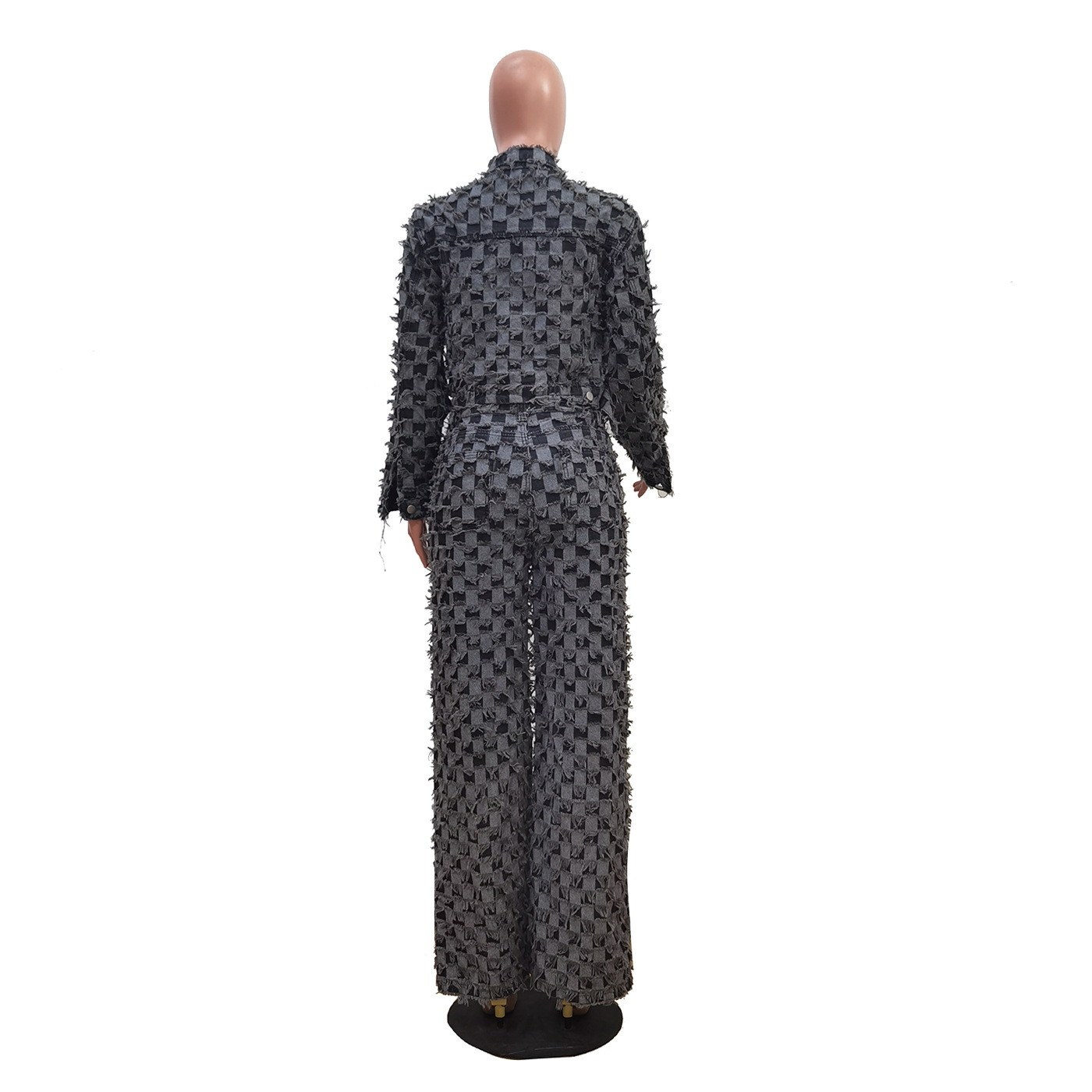 Women Winter Casual Jacquard Plaid Washed Denim Top and Pant Two-Piece Set