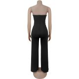 Women Casual Sexy Strapless Jumpsuit with Metal Buckles