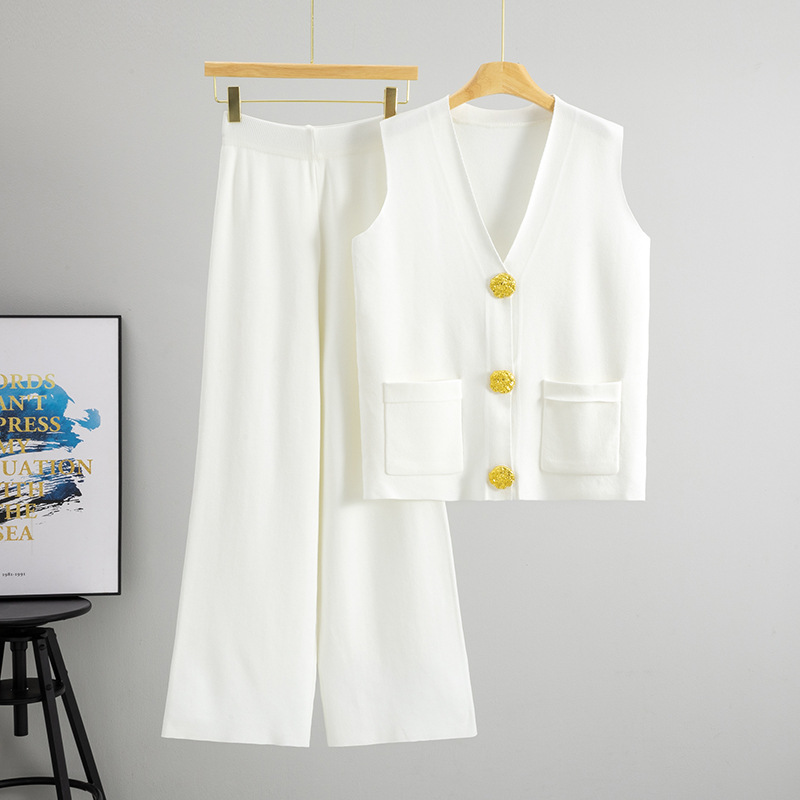 Button V-neck Knitted Vest Casual Pants Fashion Two-piece Suit