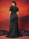Plus Size Women Elegant Sequin Patchwork V Neck Short Sleeve Evening Dress