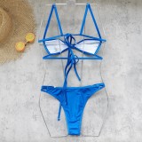 Women Multi-Drawstring Lace-Up Sexy Backless Bikini Solid Two-Piece Swimsuit