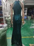 Deep V-Neck Sequined Fishtail Dress Sexy Evening Party Gown