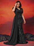 Plus Size Women Elegant Sequin Patchwork V Neck Short Sleeve Evening Dress