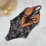 Women Multi-Drawstring Lace-Up V-Neck Sexy Backless One-Piece Swimsuit Mesh Skirt Two-Piece Set