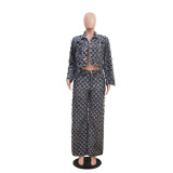 Women Winter Casual Jacquard Plaid Washed Denim Top and Pant Two-Piece Set