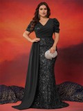 Plus Size Women Elegant Sequin Patchwork V Neck Short Sleeve Evening Dress