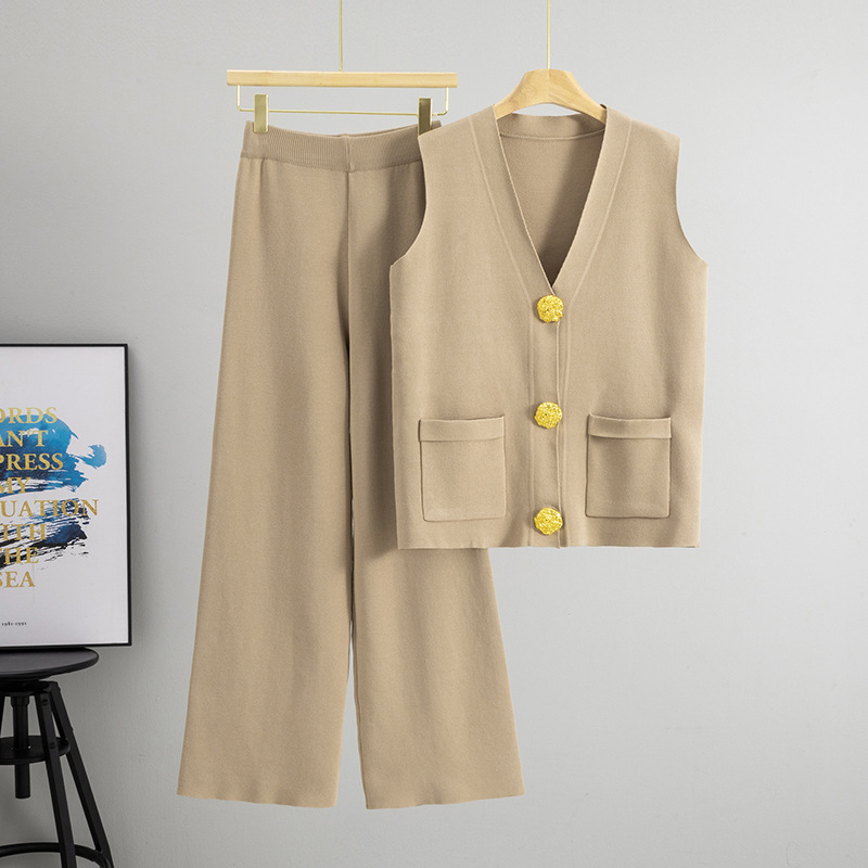 Button V-neck Knitted Vest Casual Pants Fashion Two-piece Suit