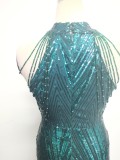 Deep V-Neck Sequined Fishtail Dress Sexy Evening Party Gown