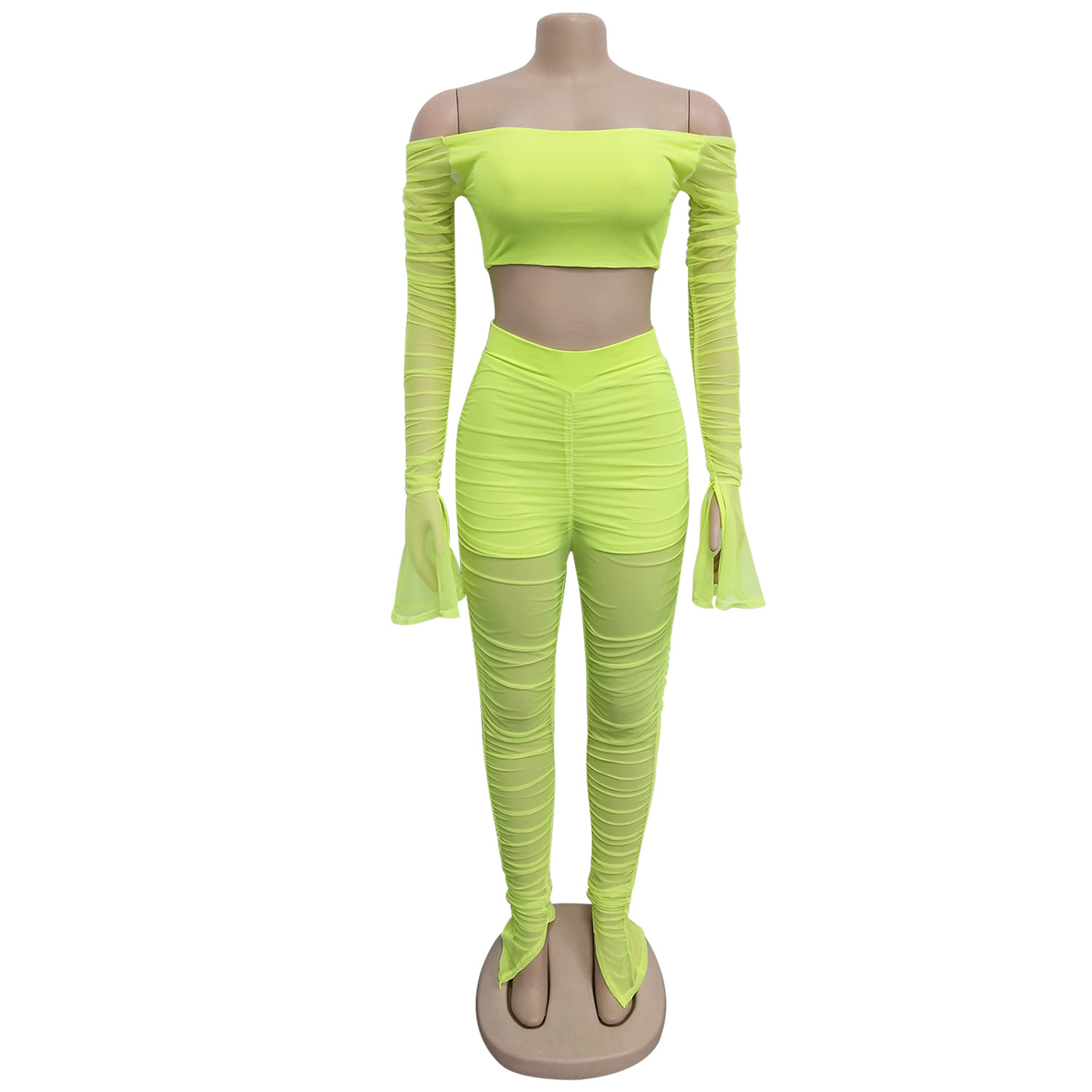 Women Sexy Solid Elastic Pleated Top and Pants Two-Piece Set