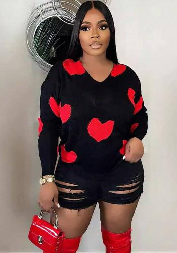 Women Fall/Winter Knitting Jacquard V-Neck Heart Print Long-Sleeved Knitting Top Sweater